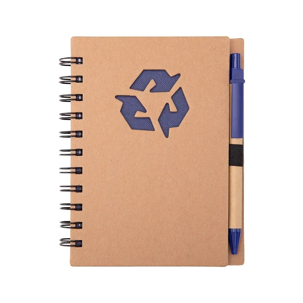Caderno ecológico kraft personalizado azul com caneta