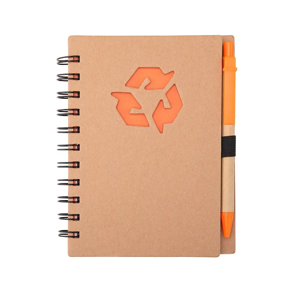 Caderno ecológico kraft personalizado laranja com caneta