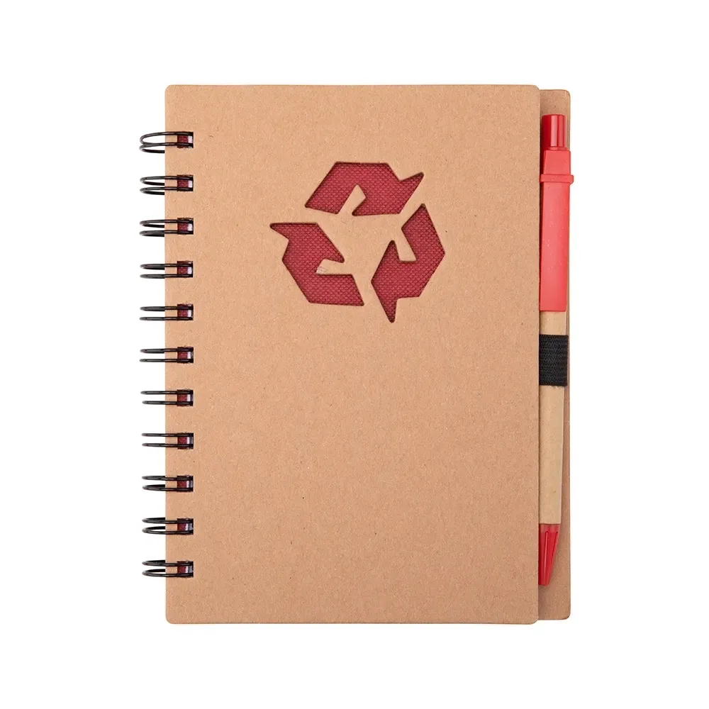 Caderno ecológico kraft personalizado vermelho com caneta