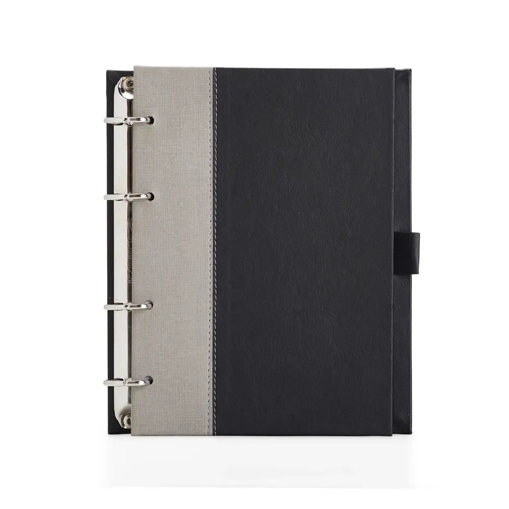 Caderno Fichário de Couro Sintético com Porta-Caneta personalizado cinza