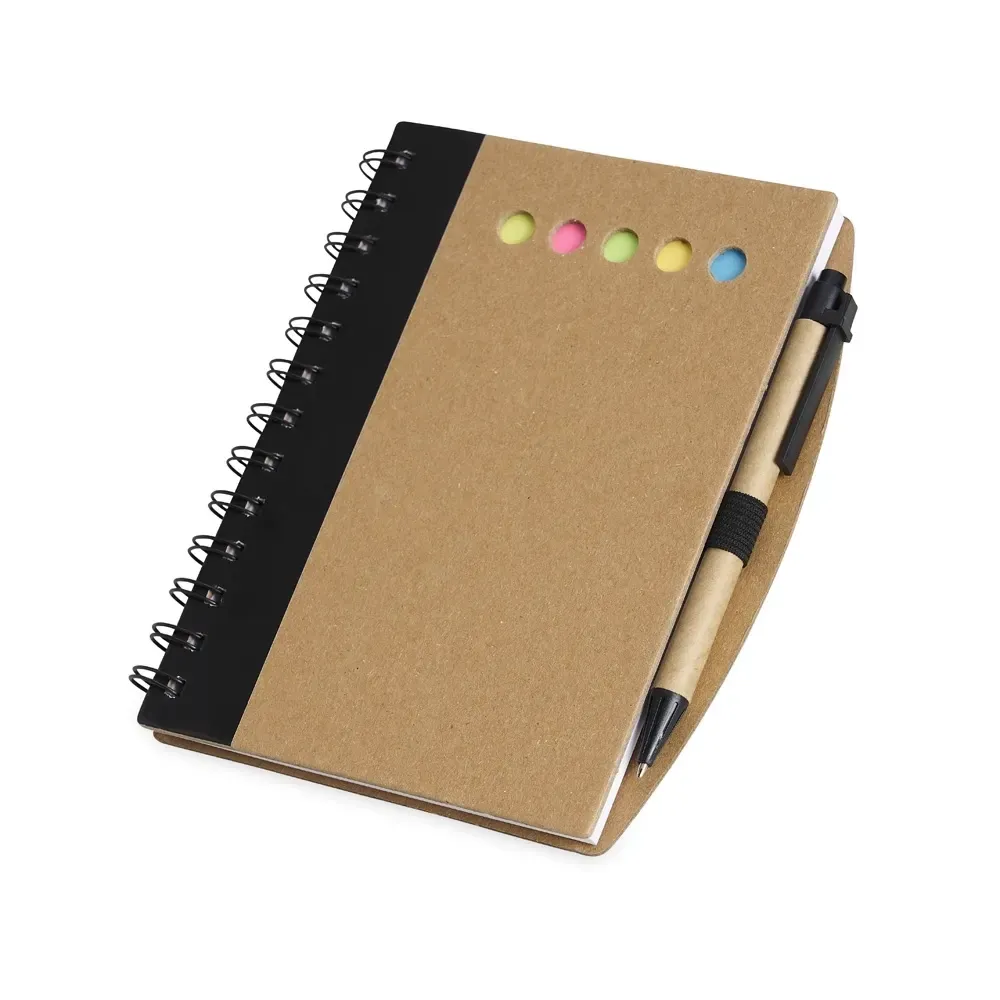 Caderno em papelão rígido com autoadesivos e caneta personalizado preto