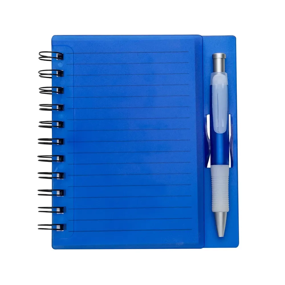 Caderno plástico personalizado com caneta azul