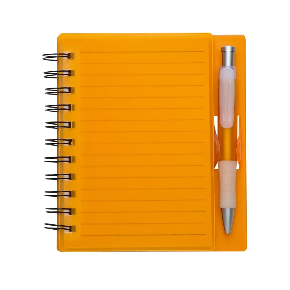 Caderno plástico personalizado com caneta laranja