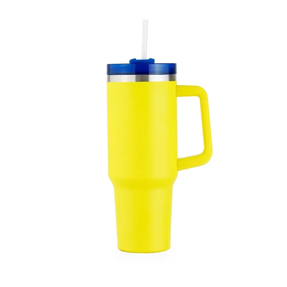Caneca térmica inox 1,2 litro com canudo amarelo e azul personalizada