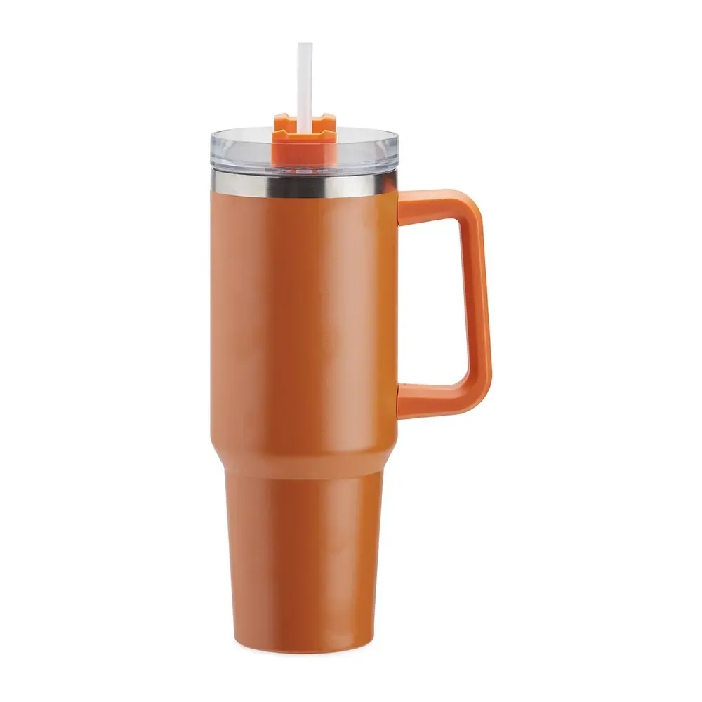 Caneca térmica inox 1,2 litro com canudo laranja personalizada