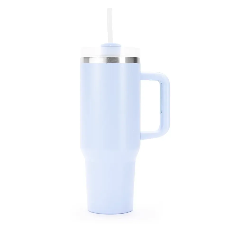 Caneca térmica inox 1,2 litro com canudo e pegador emborrachado, cor azul claro, personalizada