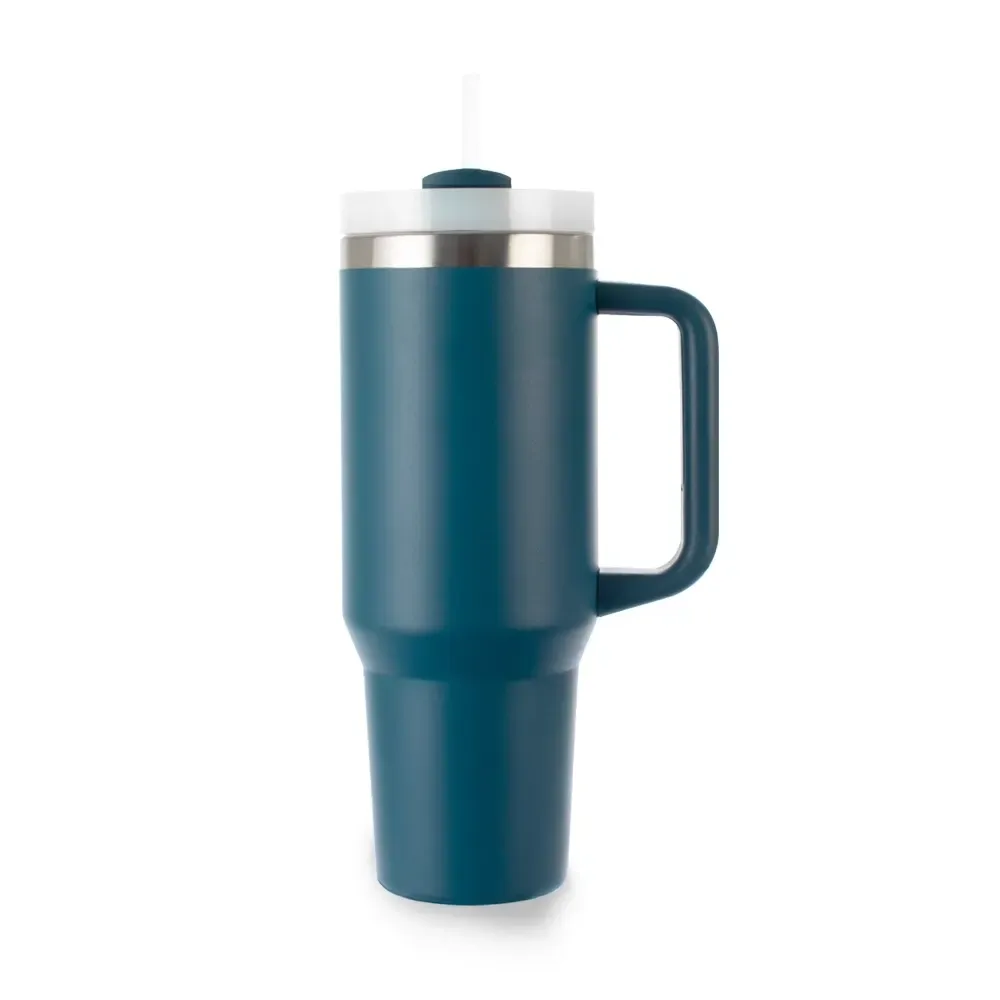 Caneca térmica inox 1,2 litro com canudo e pegador emborrachado, cor azul escuro, personalizada