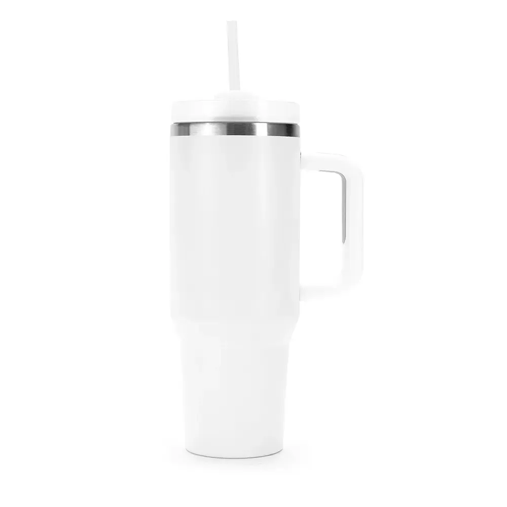 Caneca térmica inox 1,2 litro com canudo e pegador emborrachado, cor branco, personalizada
