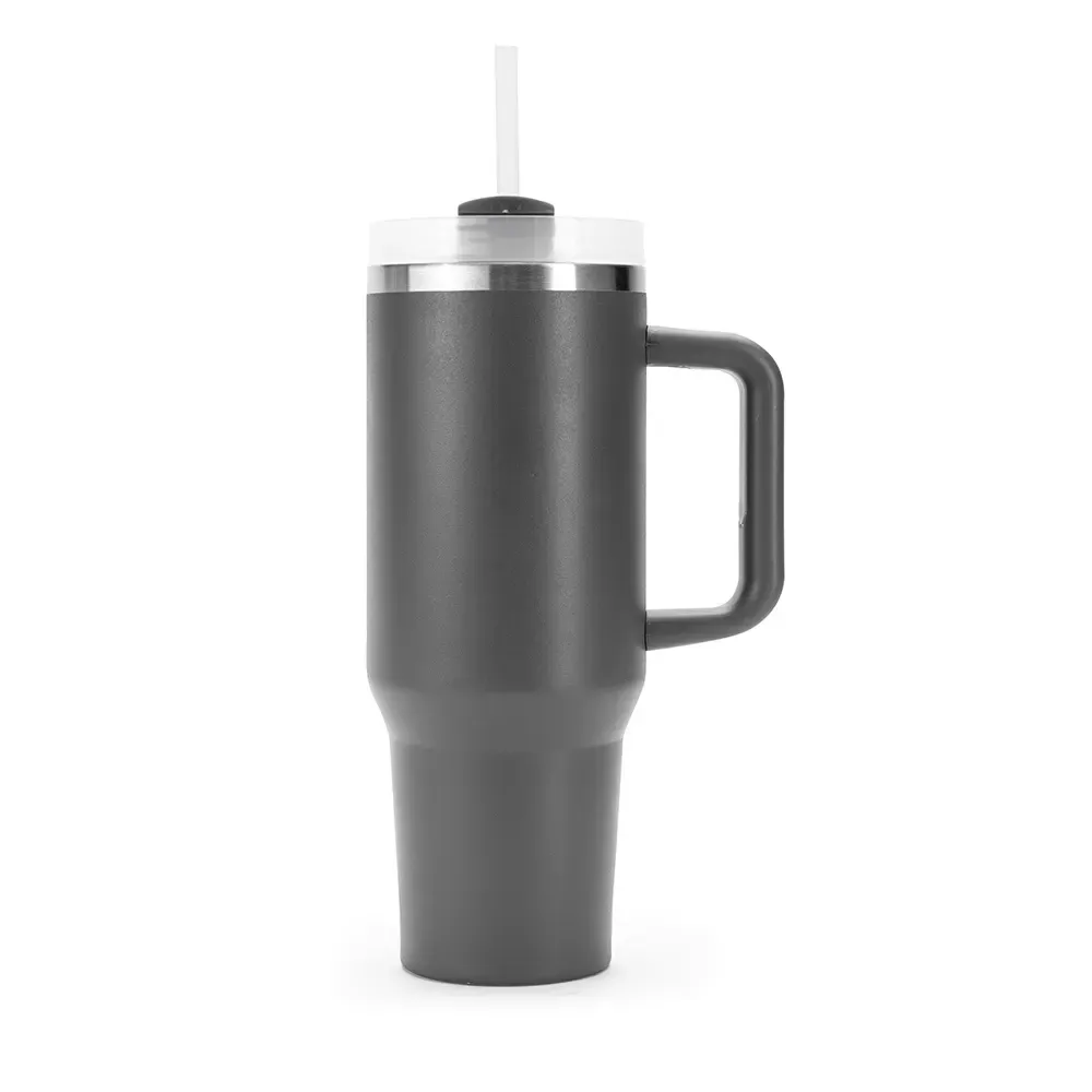 Caneca térmica inox 1,2 litro com canudo e pegador emborrachado, cor cinza, personalizada