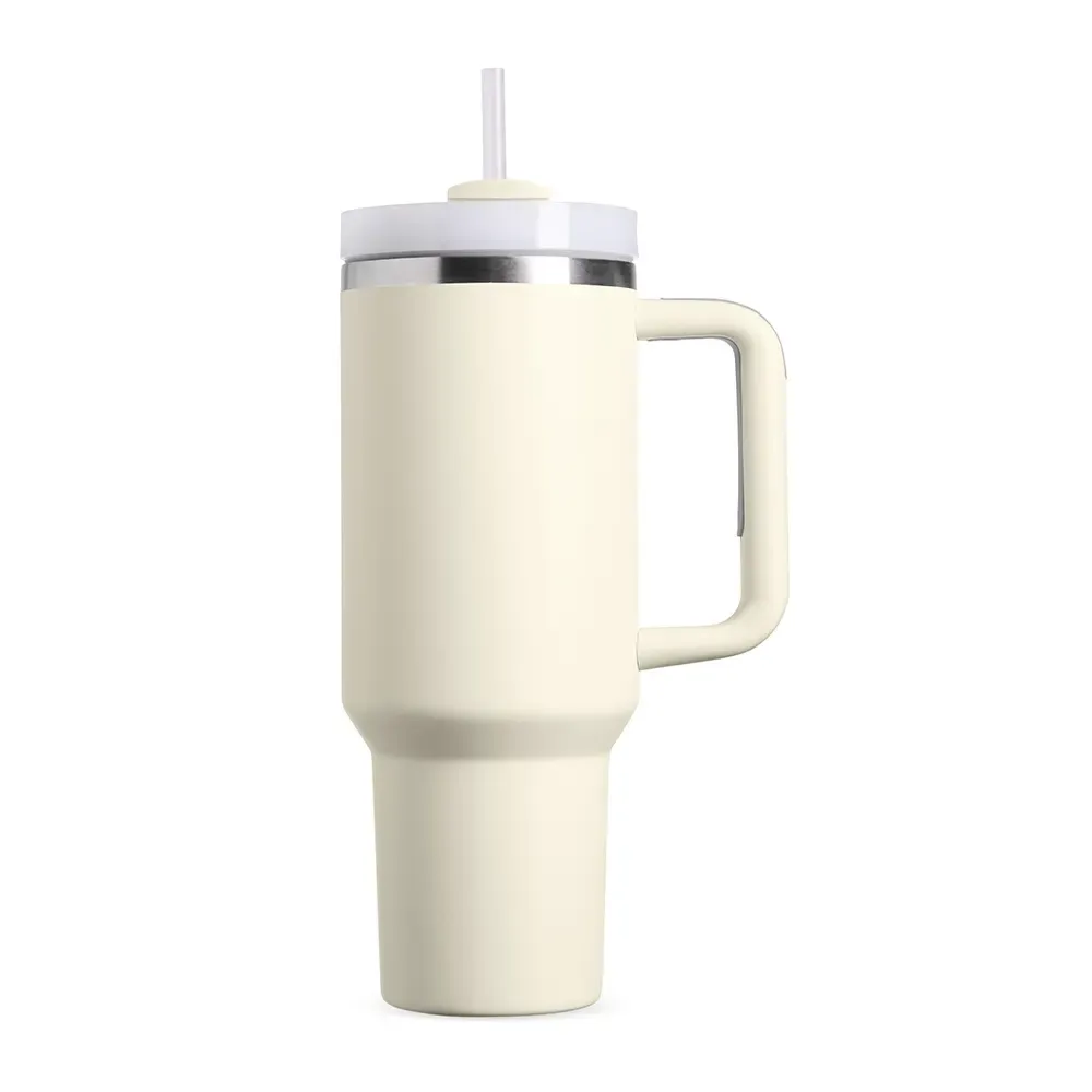 Caneca térmica inox 1,2 litro com canudo e pegador emborrachado, cor creme, personalizada