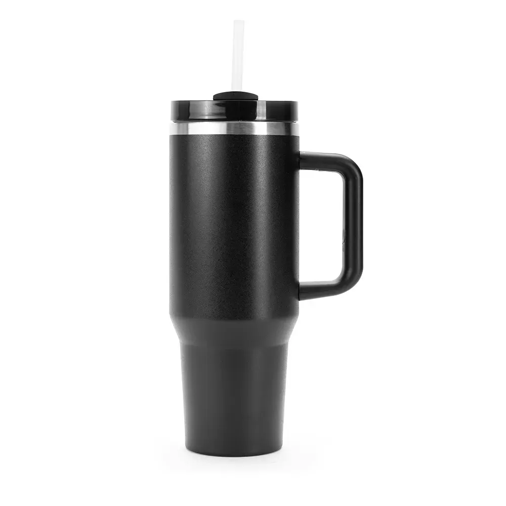 Caneca térmica inox 1,2 litro com canudo e pegador emborrachado, cor preto, personalizada