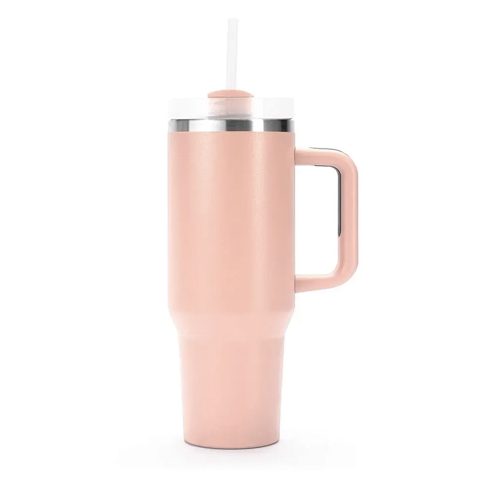 Caneca térmica inox 1,2 litro com canudo e pegador emborrachado, cor salmão, personalizada