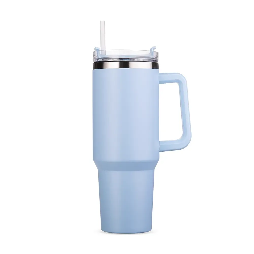 Caneca térmica inox 1,2 litro com canudo e tampa giratória, cor azul claro, personalizada