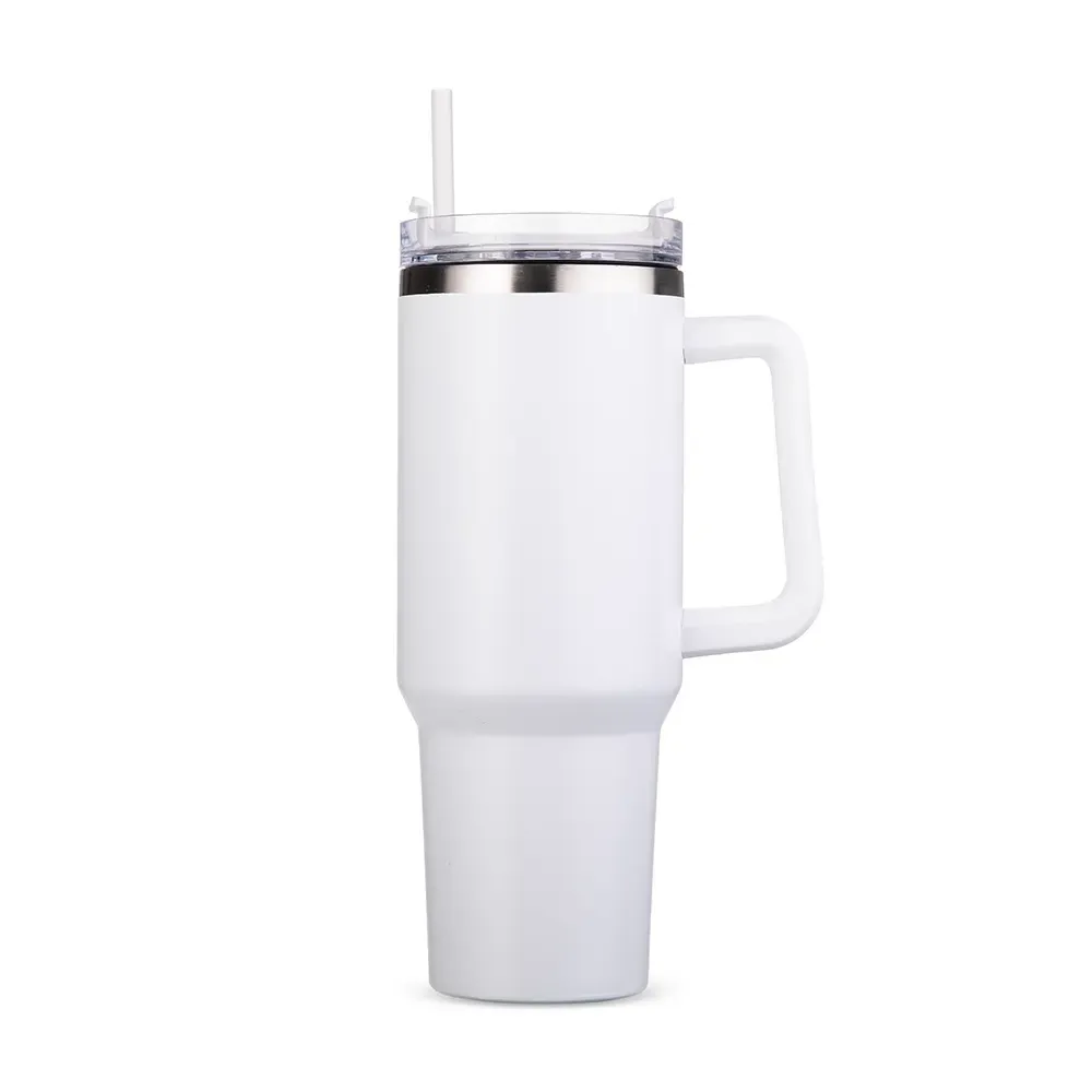 Caneca térmica inox 1,2 litro com canudo e tampa giratória, cor branco, personalizada