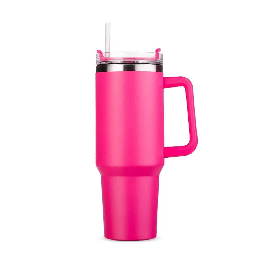 Caneca térmica inox 1,2 litro com canudo e tampa giratória, cor pink, personalizada