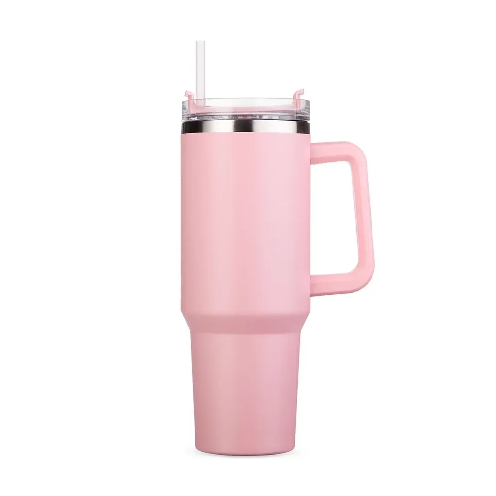 Caneca térmica inox 1,2 litro com canudo e tampa giratória, cor rosa, personalizada