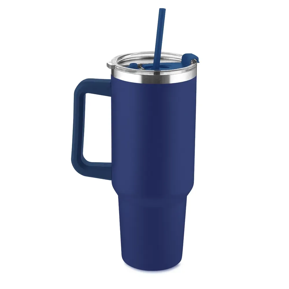 Caneca térmica inox 1,3 litro com canudo azul personalizada