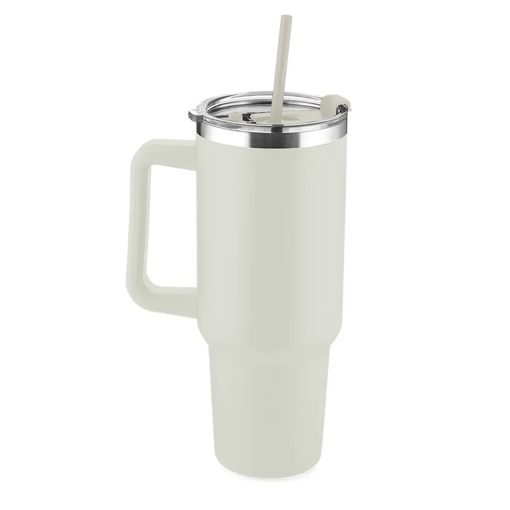 Caneca térmica inox 1,3 litro com canudo creme personalizada