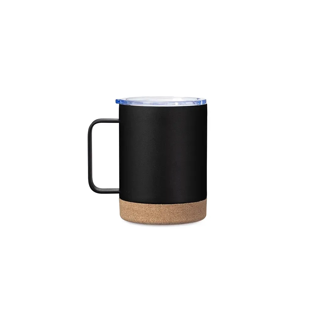 Caneca térmica inox 330ml com base de cortiça, cor preto, personalizada