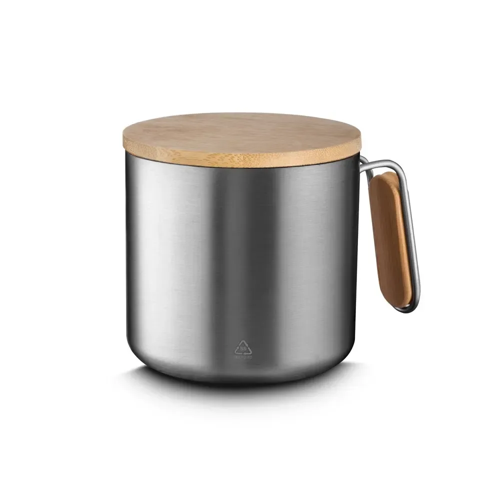 Caneca térmica inox 330ml tampa em bambu prata personalizada