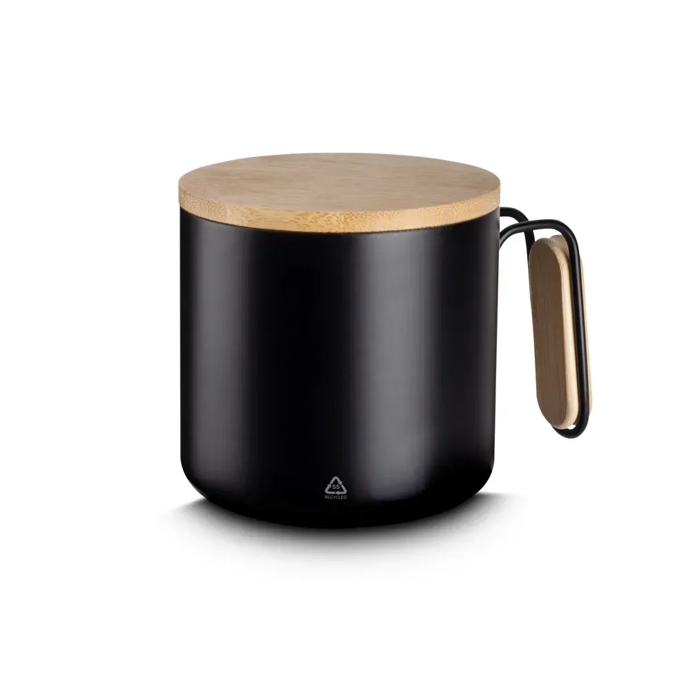 Caneca térmica inox 330ml tampa em bambu preta personalizada