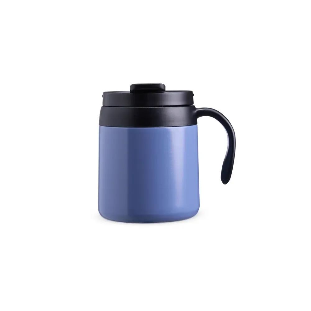Caneca térmica inox 350ml com alça plástica e base antiderrapante, cor azul, personalizada