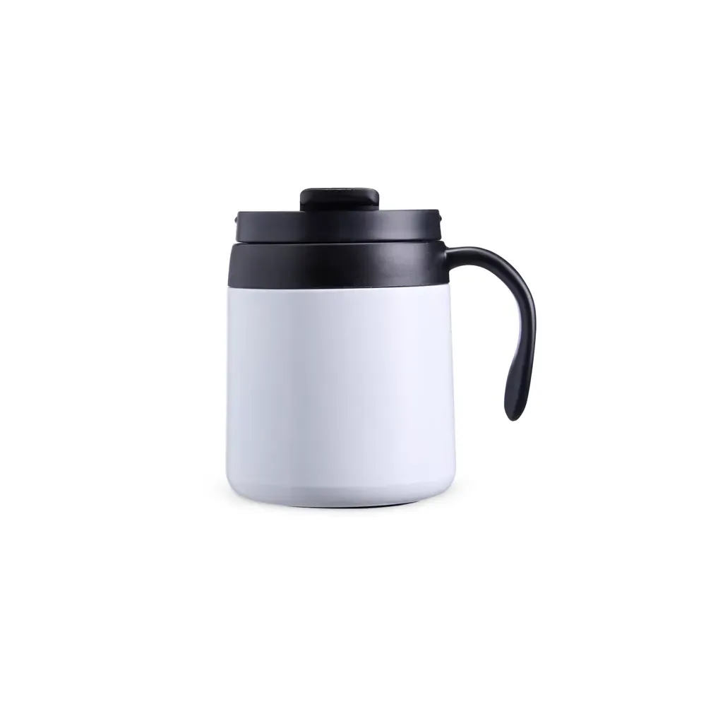Caneca térmica inox 350ml com alça plástica e base antiderrapante, cor branco, personalizada