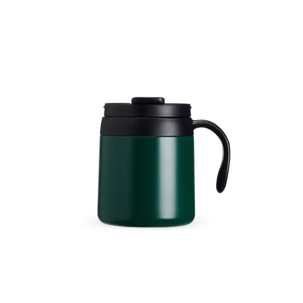 Caneca térmica inox 350ml com alça plástica e base antiderrapante, cor verde, personalizada