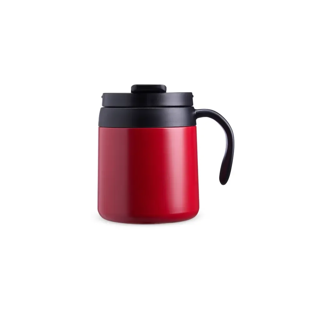 Caneca térmica inox 350ml com alça plástica e base antiderrapante, cor vermelho, personalizada