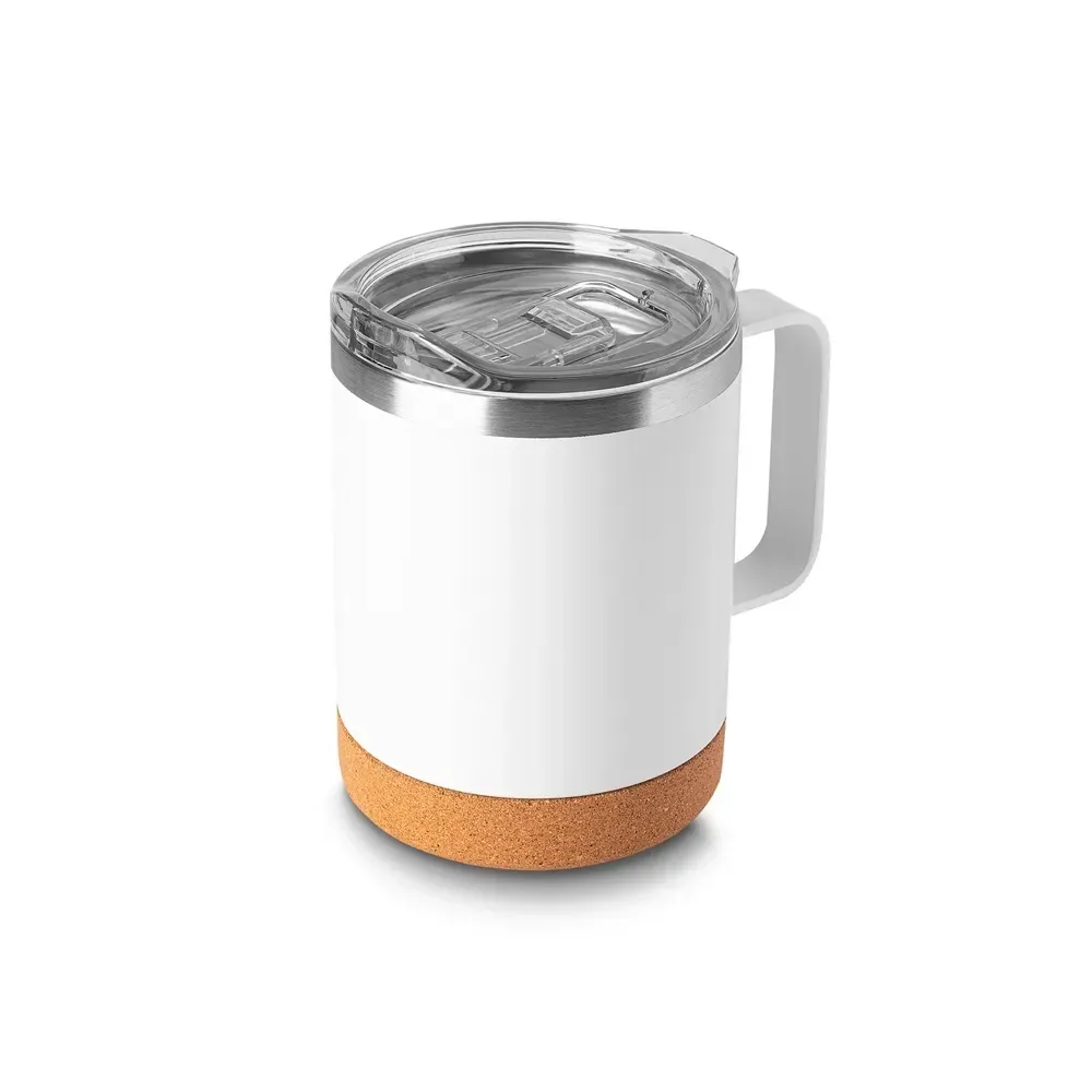 Caneca térmica inox 350ml base em cortiça branca personalizada