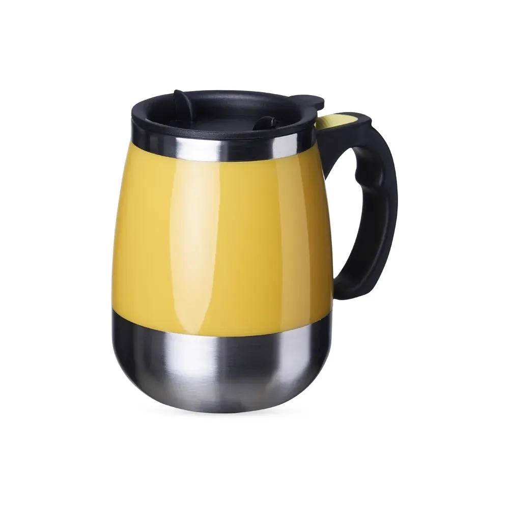 Caneca térmica inox 350ml com misturador elétrico amarela personalizada
