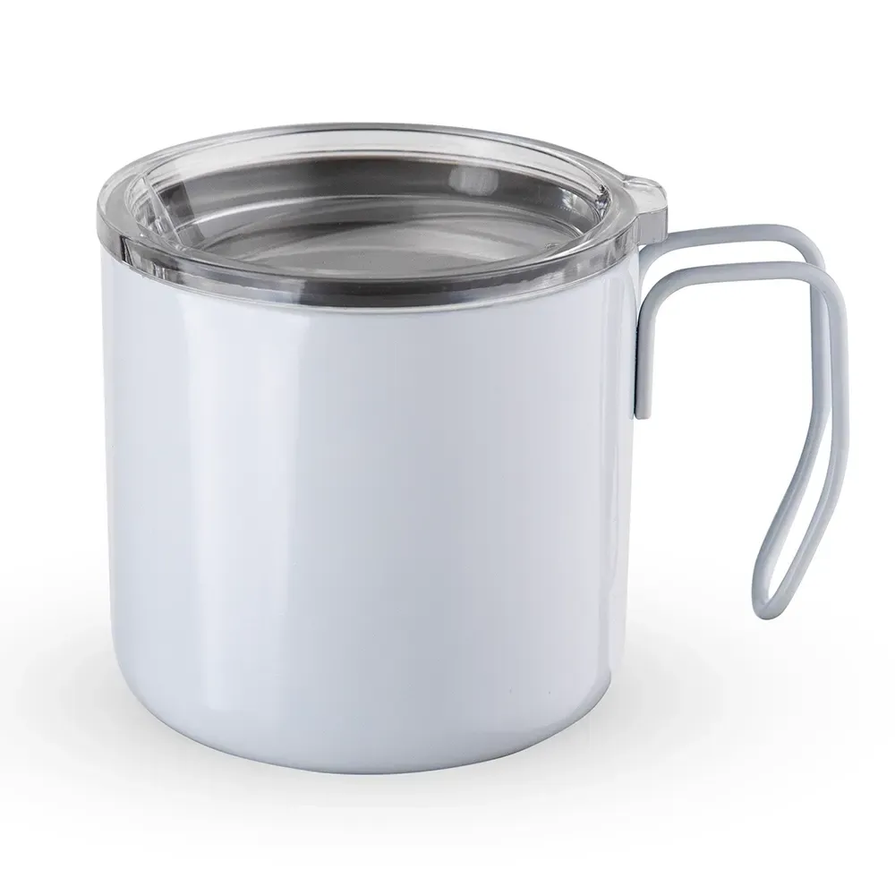 Caneca térmica inox 350ml com pegador de inox e tampa transparente, cor branco, personalizada