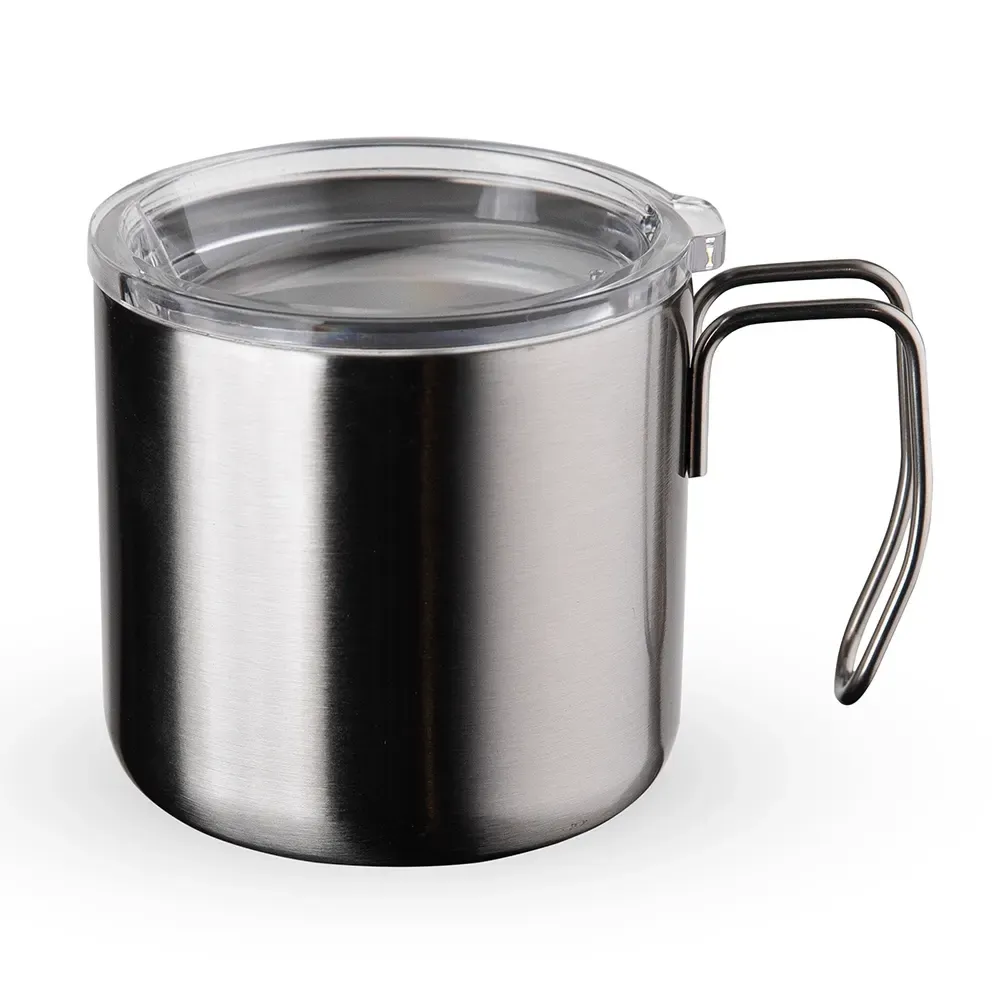 Caneca térmica inox 350ml com pegador de inox e tampa transparente, cor inox, personalizada