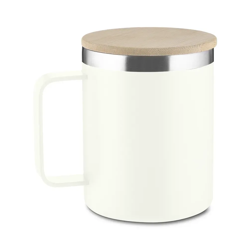 Caneca térmica inox 350ml tampa em bambu branca personalizada