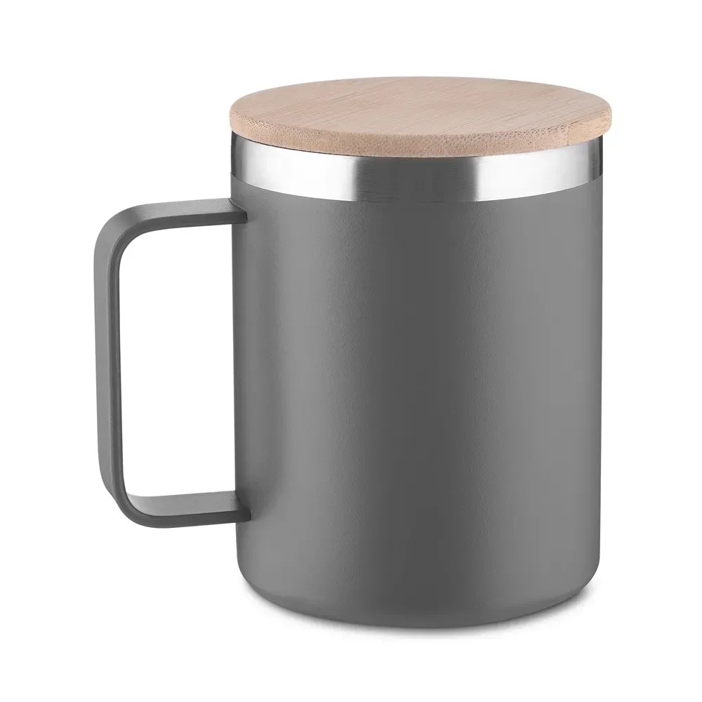 Caneca térmica inox 350ml tampa em bambu cinza personalizada
