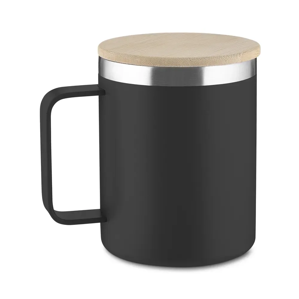 Caneca térmica inox 350ml tampa em bambu preta personalizada