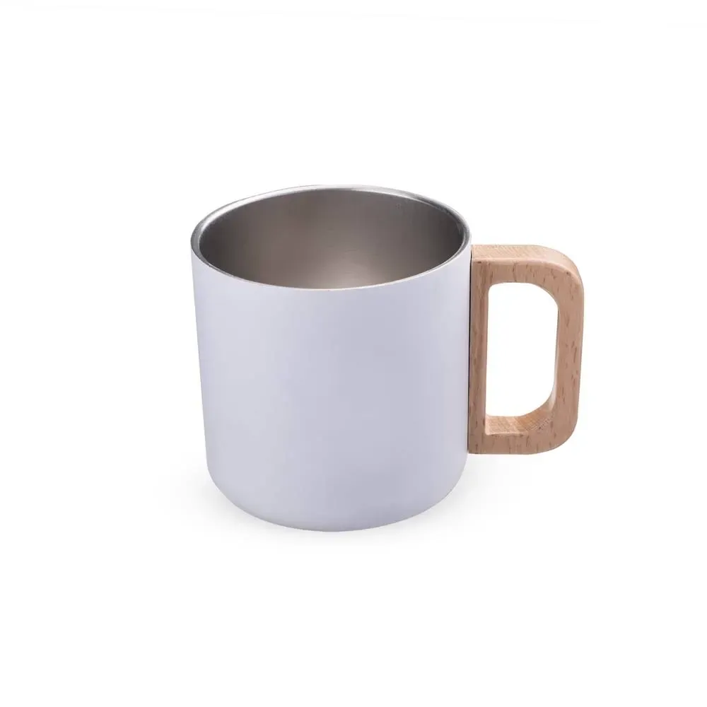 Caneca térmica inox 400ml alça em madeira branca personalizada