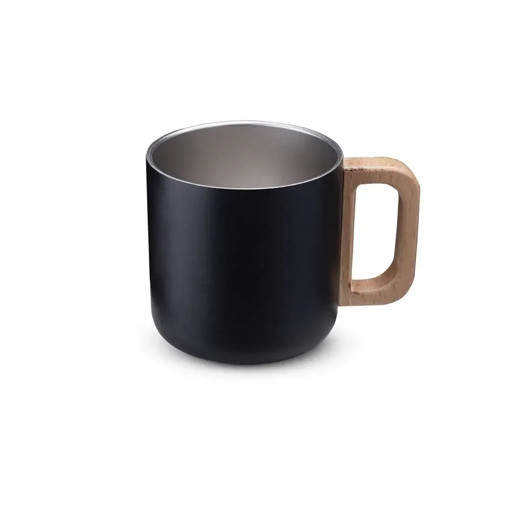 Caneca térmica inox 400ml alça em madeira preta personalizada