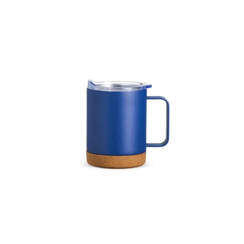 Caneca térmica inox 400ml com base de cortiça, cor azul, personalizada