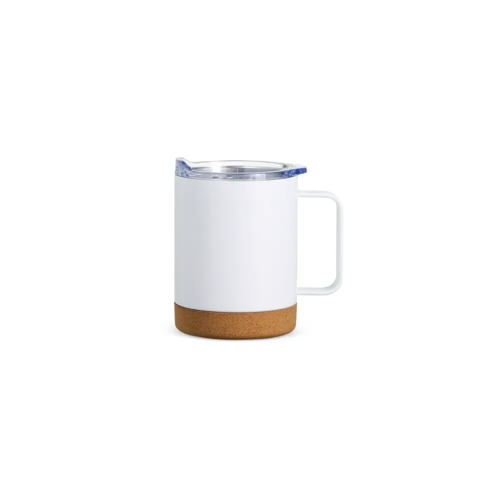 Caneca térmica inox 400ml com base de cortiça, cor branco, personalizada