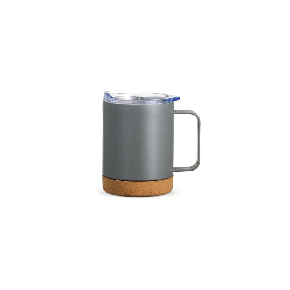 Caneca térmica inox 400ml com base de cortiça, cor cinza, personalizada