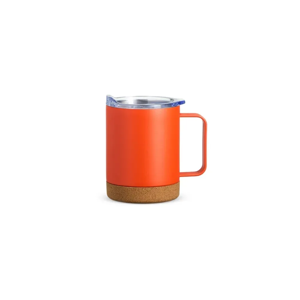 Caneca térmica inox 400ml com base de cortiça, cor laranja, personalizada