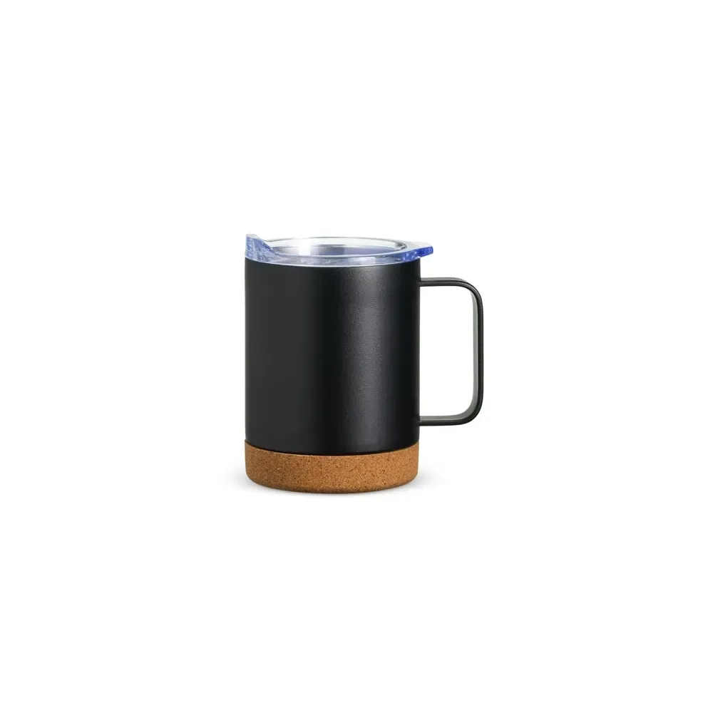 Caneca térmica inox 400ml com base de cortiça, cor preto, personalizada