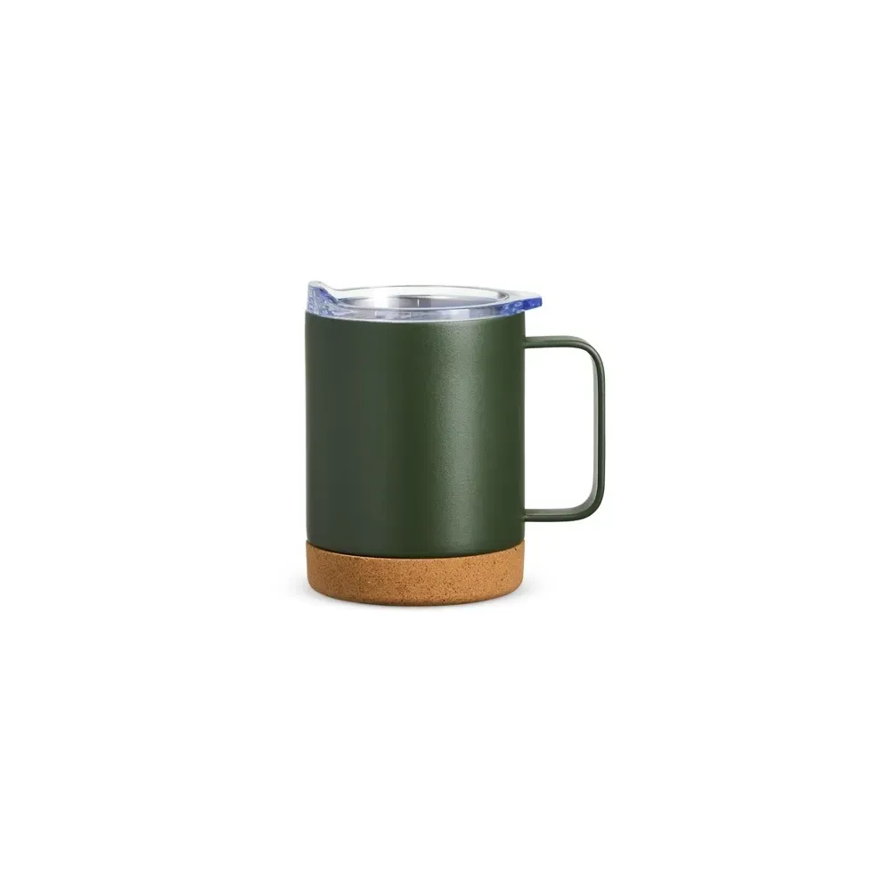 Caneca térmica inox 400ml com base de cortiça, cor verde, personalizada