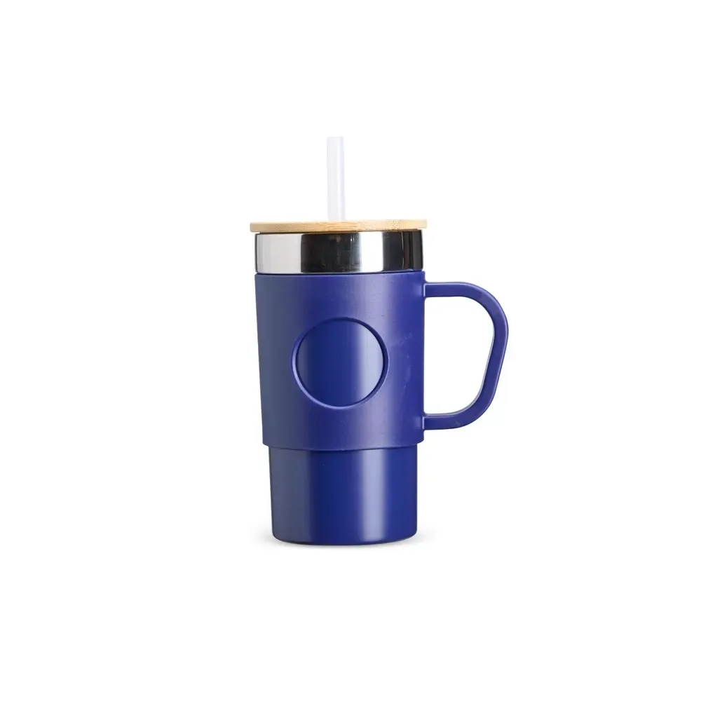 Caneca térmica inox 400ml com tampa em bambu e canudo, cor azul, personalizada