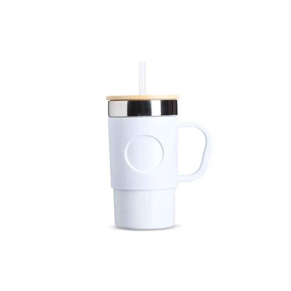 Caneca térmica inox 400ml com tampa em bambu e canudo, cor branco, personalizada