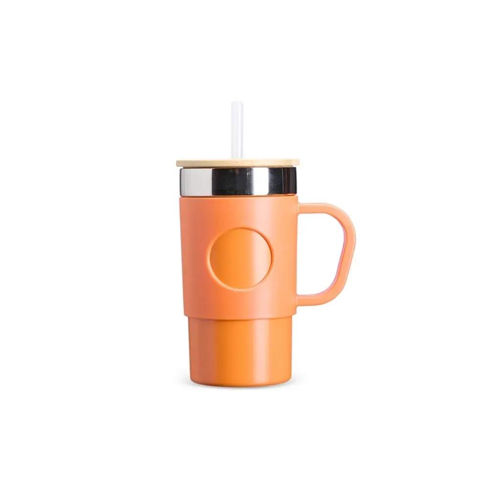 Caneca térmica inox 400ml com tampa em bambu e canudo, cor laranja, personalizada