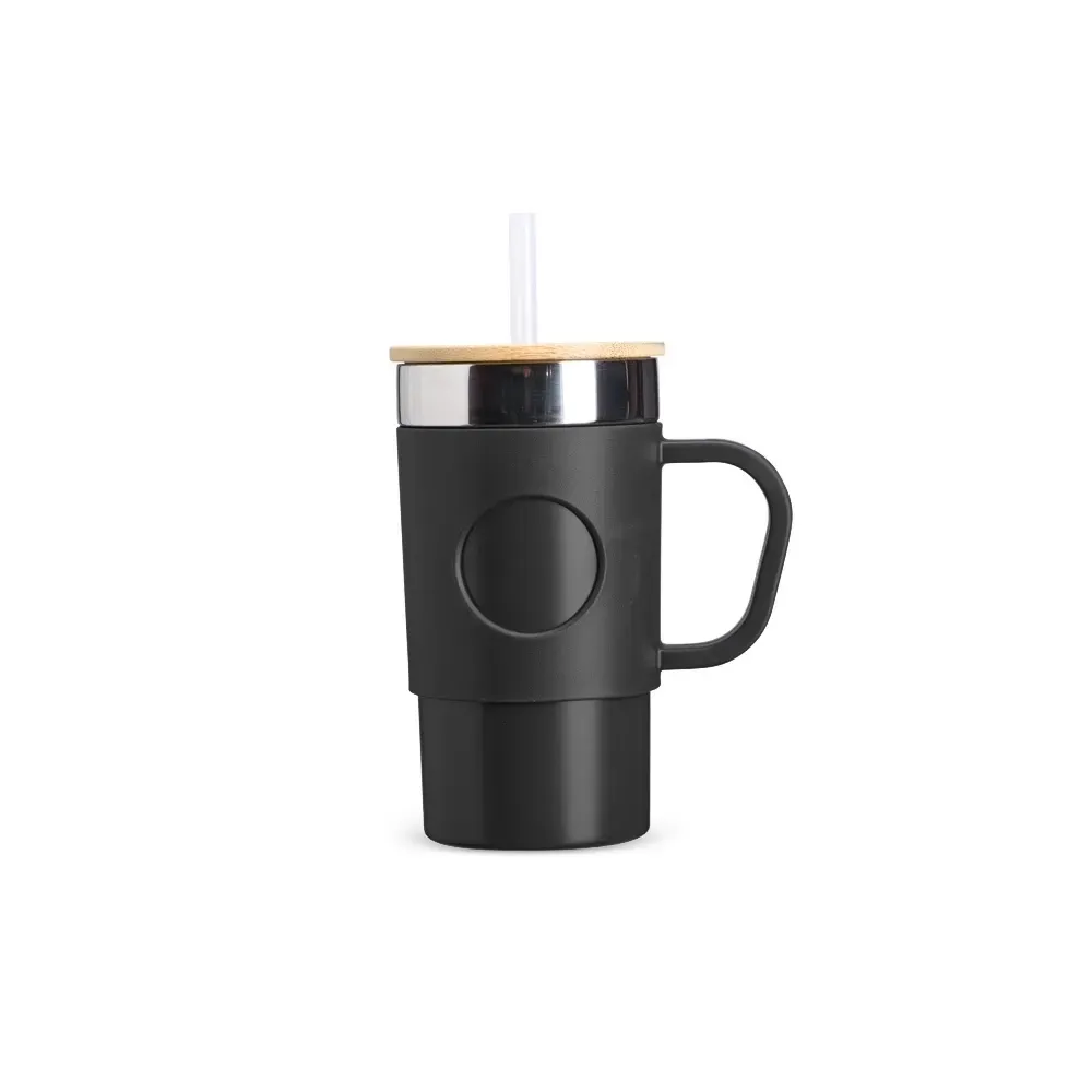Caneca térmica inox 400ml com tampa em bambu e canudo, cor preto, personalizada