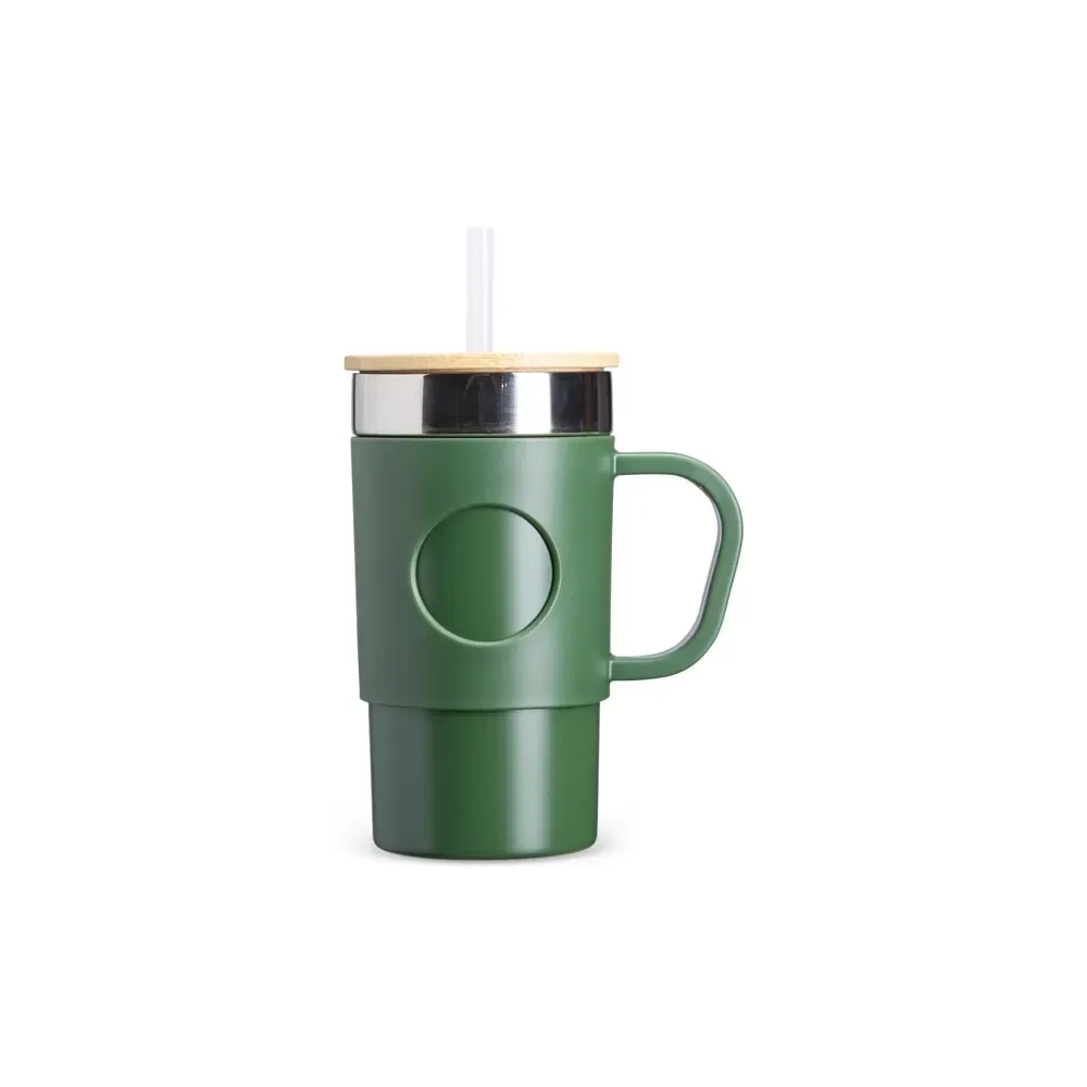 Caneca térmica inox 400ml com tampa em bambu e canudo, cor verde, personalizada