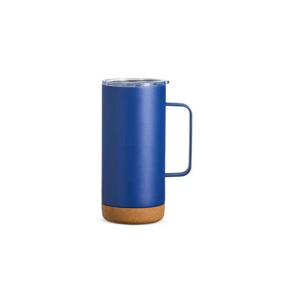 Caneca térmica inox 500ml com base de cortiça, cor azul, personalizada